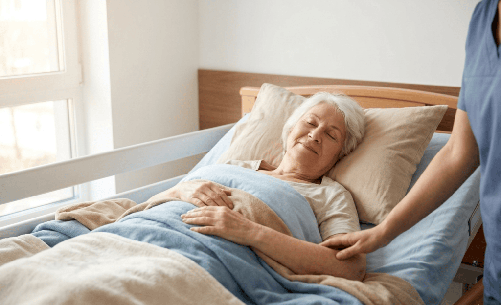 Nurse caring for an elderly patient resting in a hospital bed
