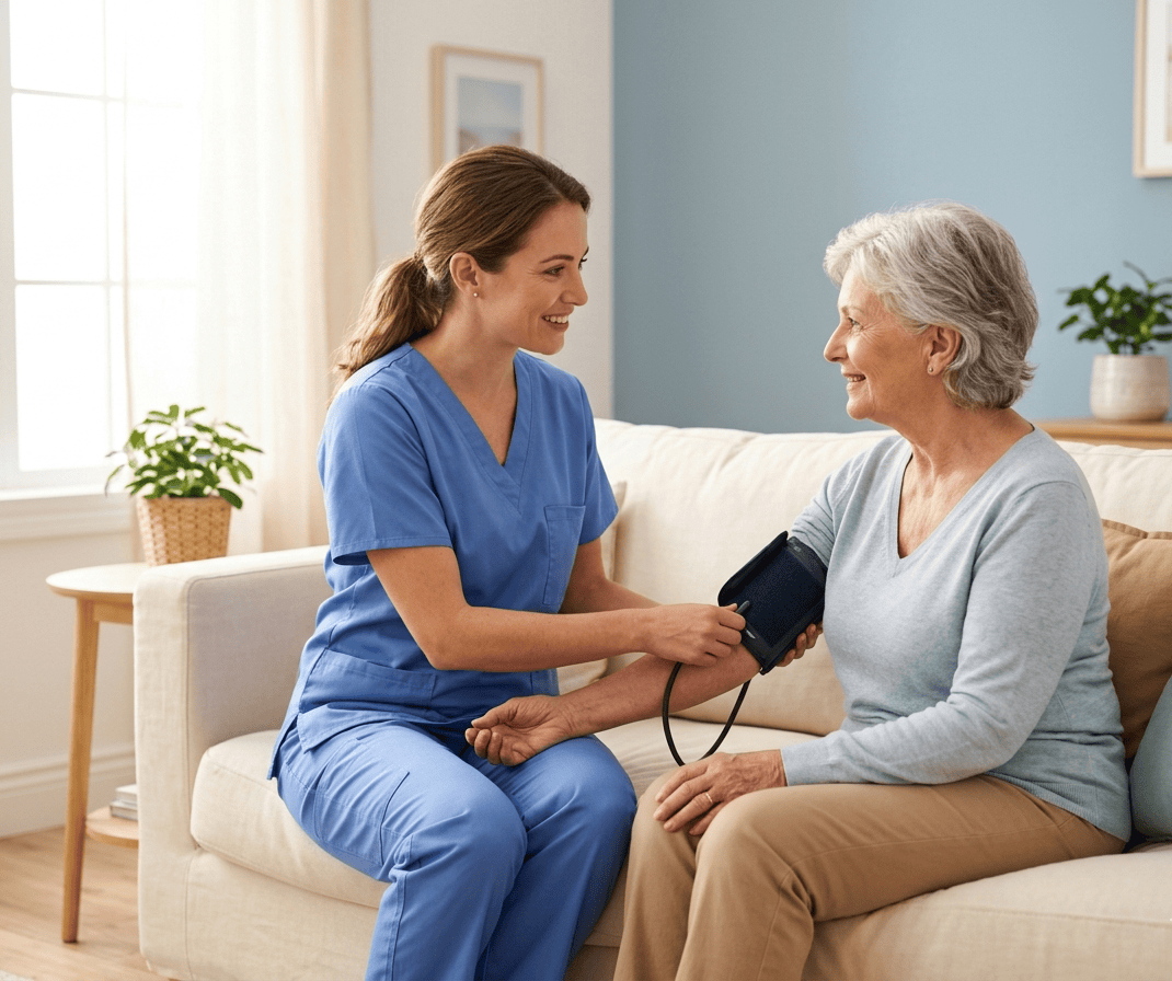 Nurse checking an elderly patient''s blood pressure at home