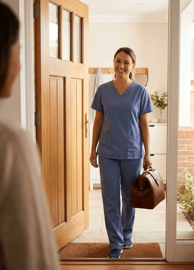 Home-visit nurse arriving at a patient''s door with a medical bag