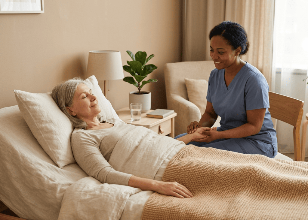 Nurse caring for an elderly patient resting in bed at home