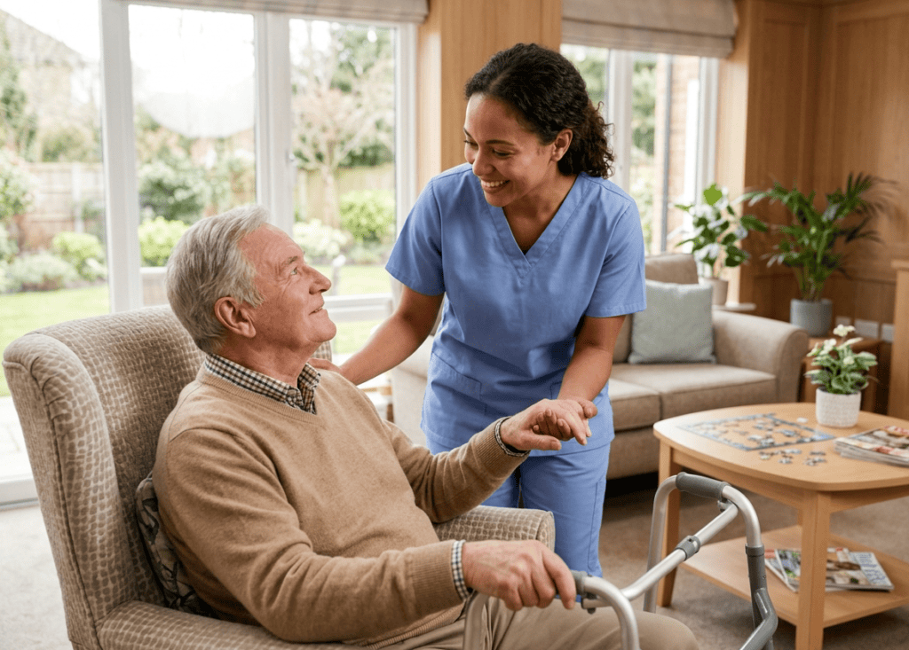 Home care nurse assisting a smiling elderly man using a walker