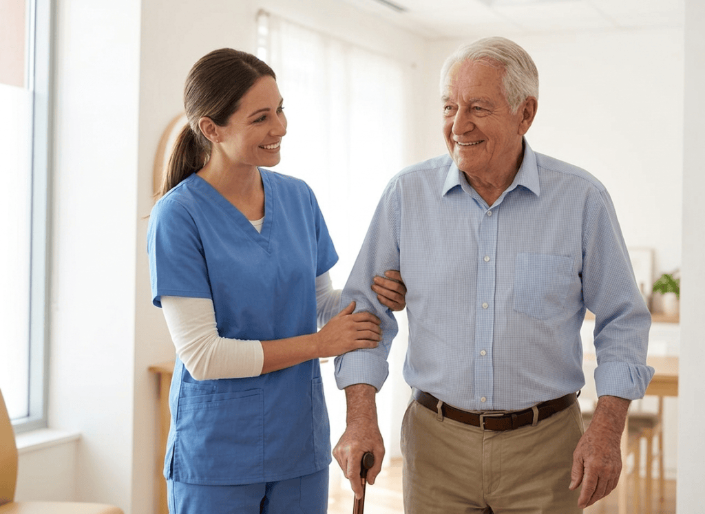 Nurse assisting an elderly man walking with a cane