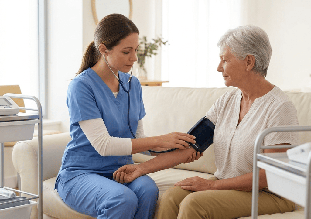 Nurse checking an elderly patient''s blood pressure during a home visit