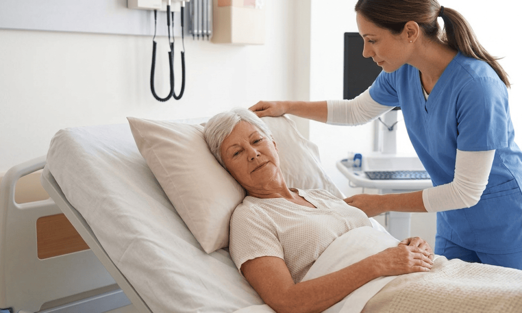 Nurse comforting an elderly patient in a hospital bed