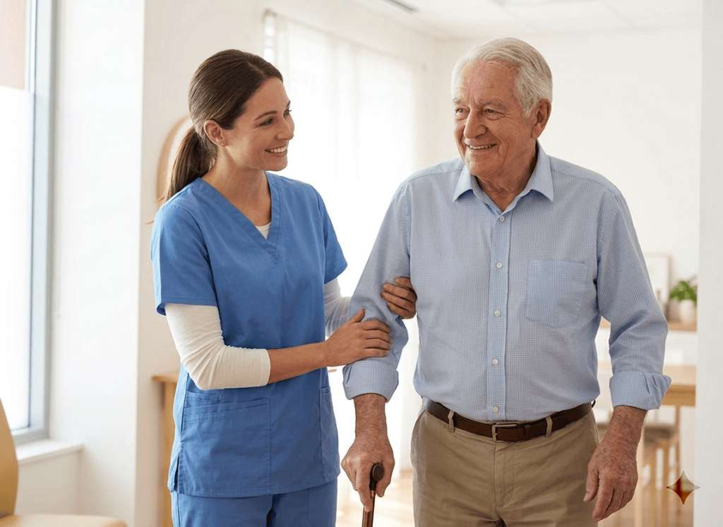 Caregiver assisting elderly man