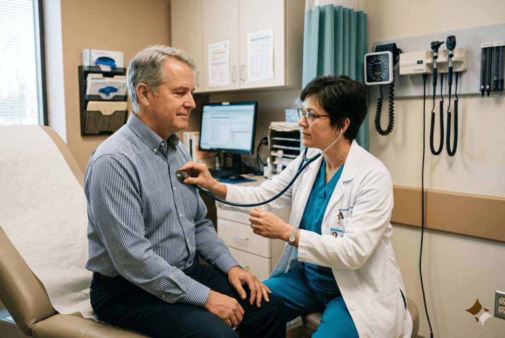 Doctor checking patient's heartbeat