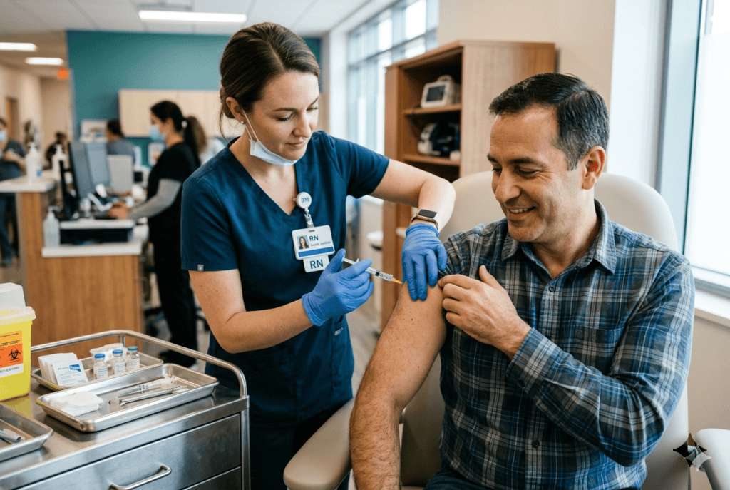 Healthcare worker administering injection